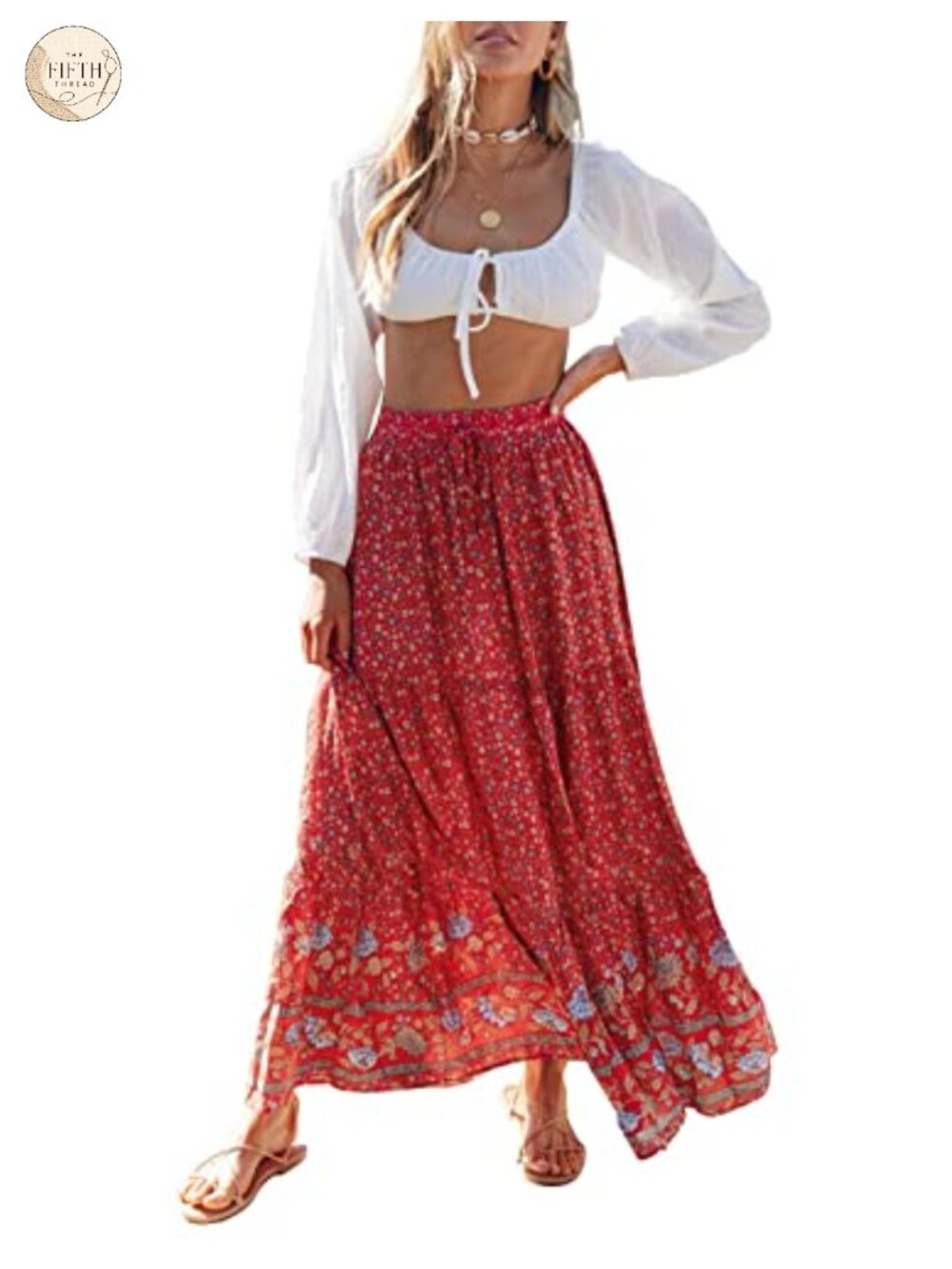 Bohemian Floral A-Line Maxi Skirt Elastic Waist Ruffle Summer
